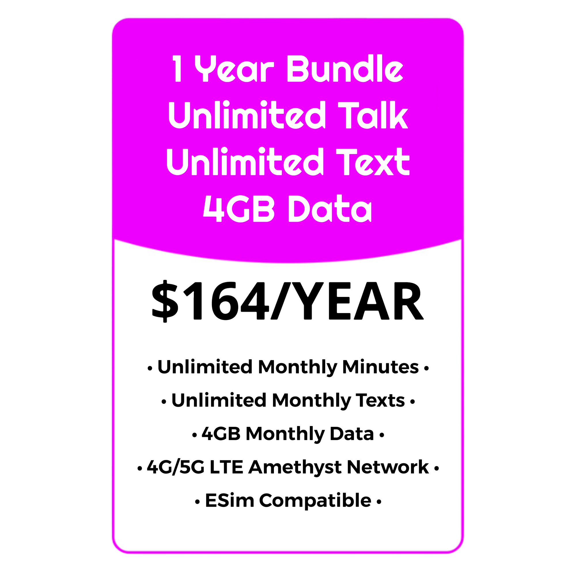 YEARLY BUNDLE - UNL Talk, Text & Data w/4GB High Speed - AMETHYST NETWORK