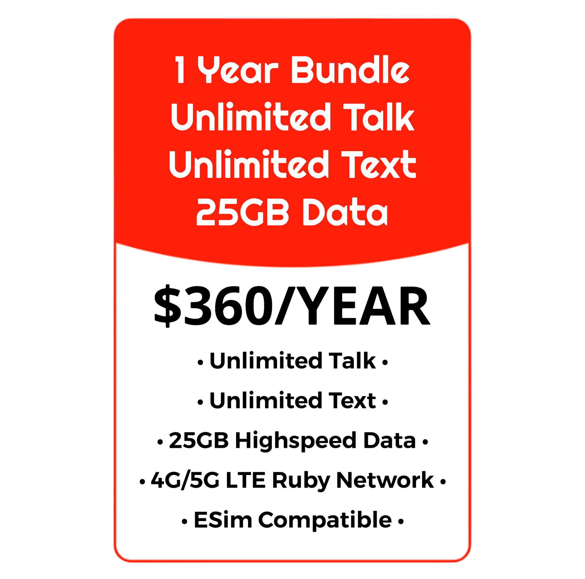 YEARLY BUNDLE - Unlimited Talk, Text & Data w/25GB High Speed - Ruby Network