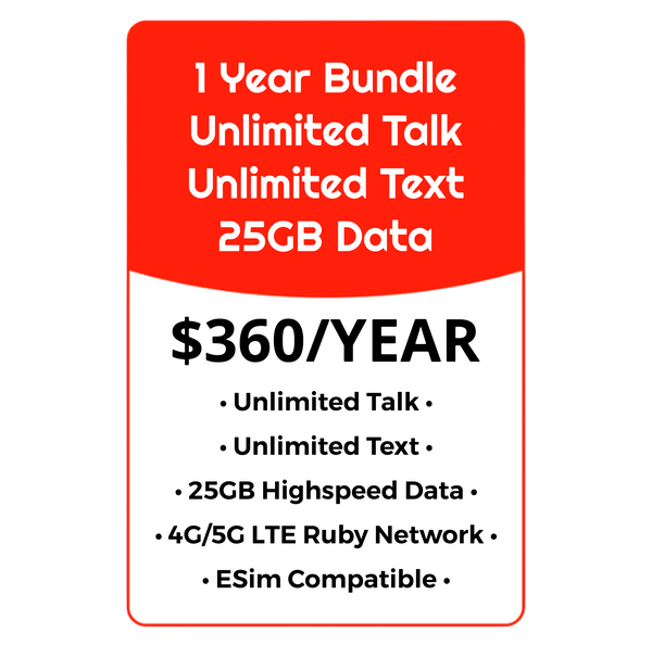 YEARLY BUNDLE - Unlimited Talk, Text & Data w/25GB High Speed - Ruby Network