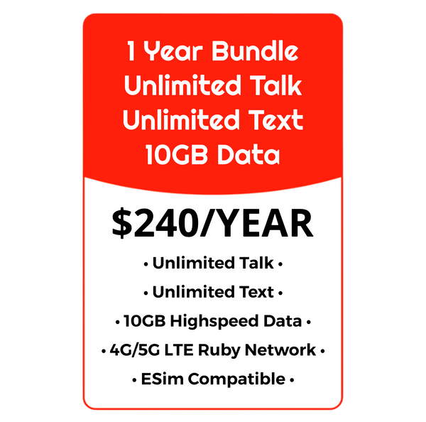 YEARLY BUNDLE - Unlimited Talk, Text & Data w/10GB High Speed - Ruby Network
