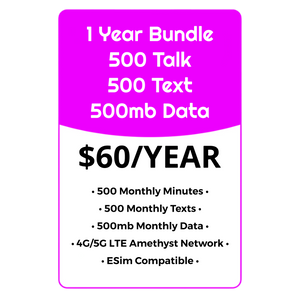 YEARLY BUNDLE - 500 Talk, 500 Text, & 500MB Data - Amethyst Network