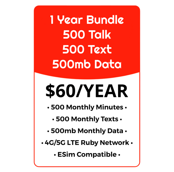 YEARLY BUNDLE - 500 Talk, 500 Text & 500MB Data - Ruby Network