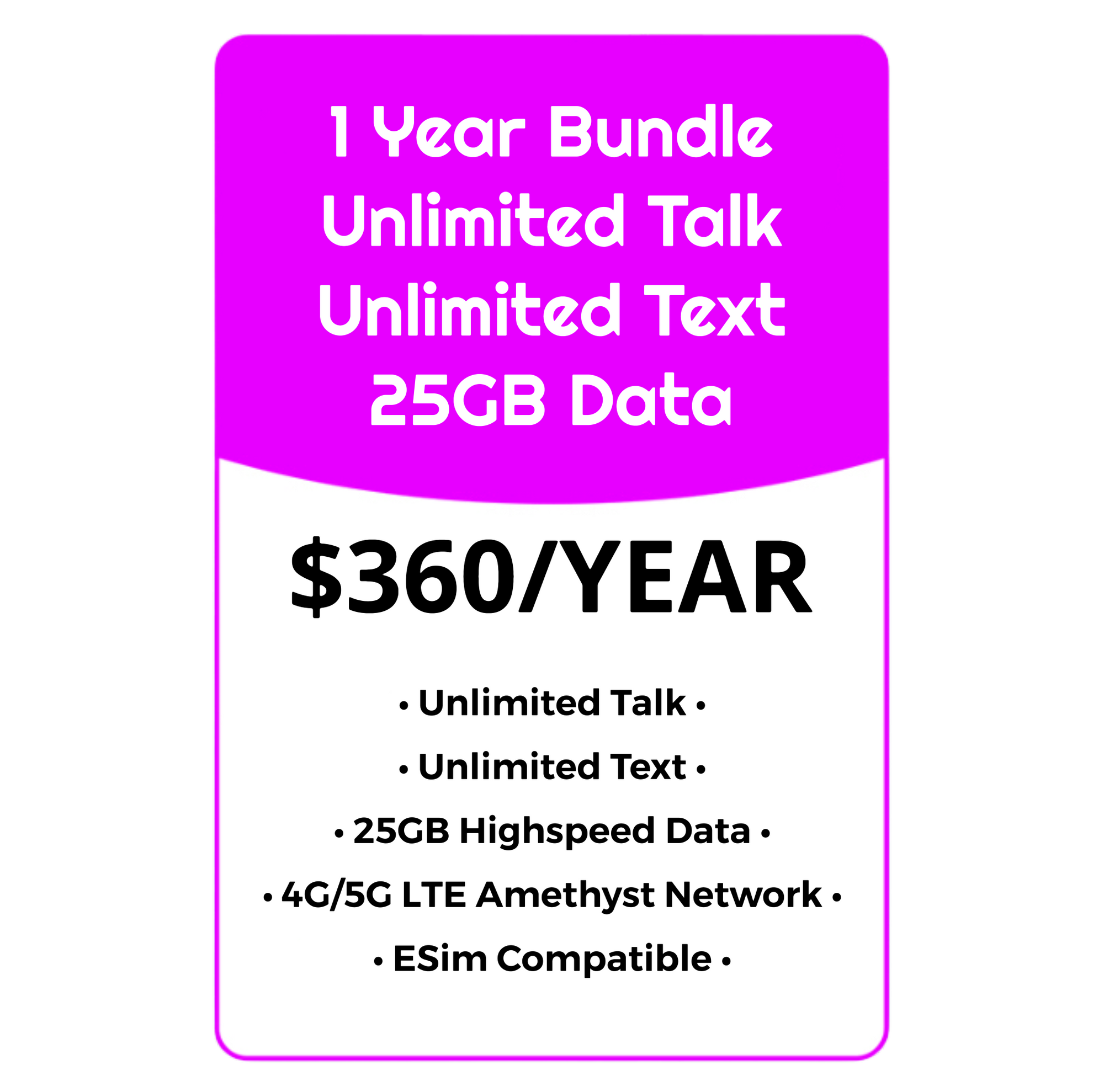 YEARLY BUNDLE - Unlimited Talk, Text & Data w/25GB High Speed - Amethyst Network