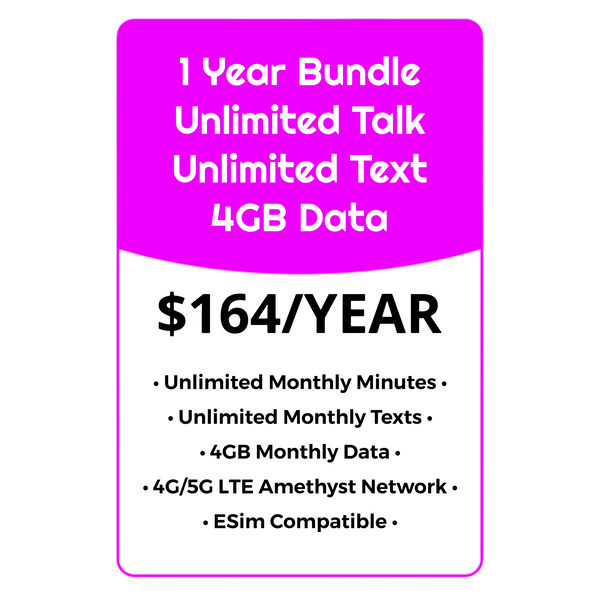 YEARLY BUNDLE - UNL Talk, Text & Data w/4GB High Speed - AMETHYST NETWORK