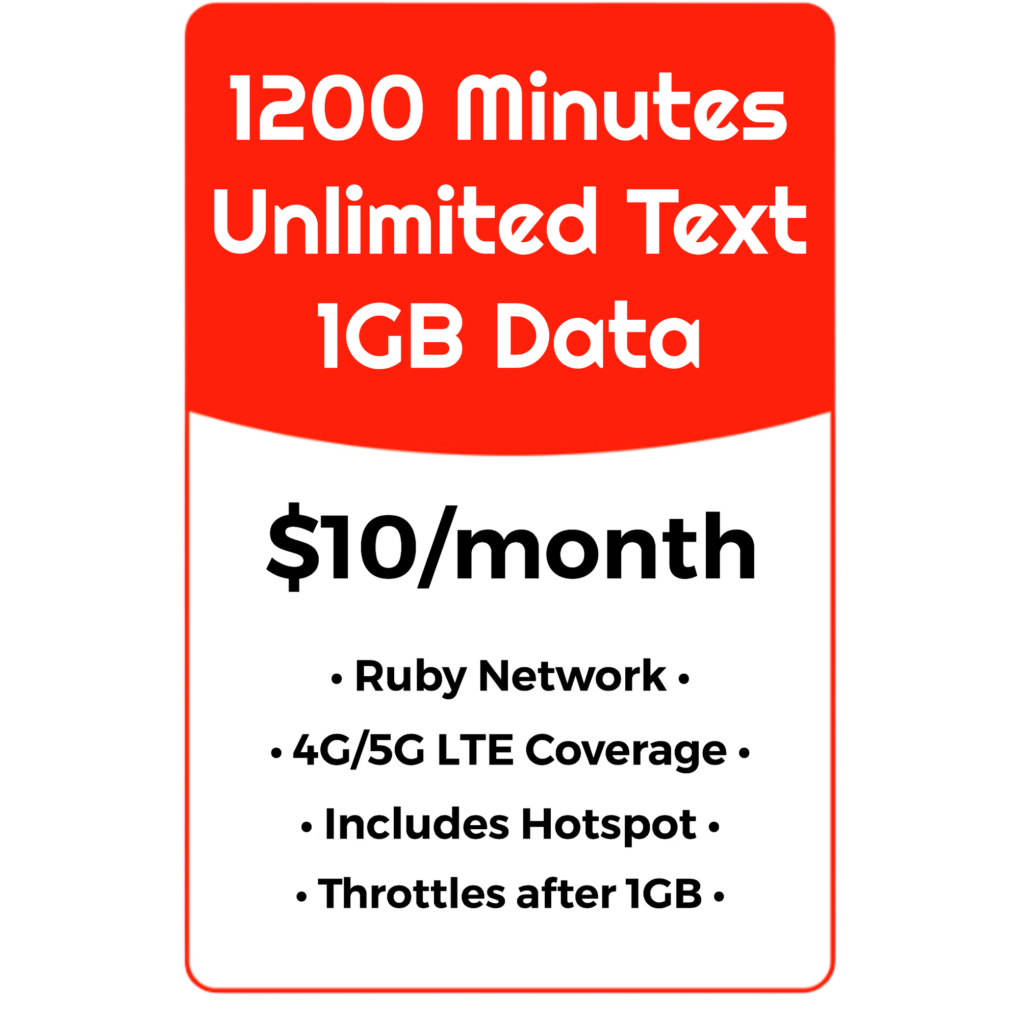1200 MIN, UNL Text & Data w/1GB HS - RUBY NETWORK